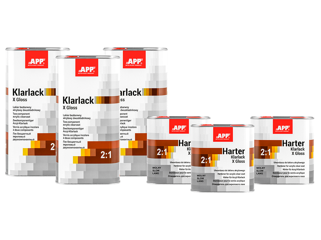 APP Klarlack X Gloss 2:1+ Harter - Zestaw promocyjny - Lakier bezbarwny akrylowy dwuskładnikowy + utwardzacz | 3x5L lak+3x2,5L utw.wolny | 22,5L