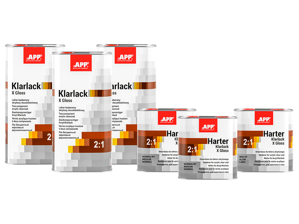 APP Klarlack X Gloss 2:1+ Harter - Zestaw promocyjny - Lakier bezbarwny akrylowy dwuskładnikowy + utwardzacz | 3x5L lak+1x2,5L utw.nor.+2x2,5L utw.woln | 22,5L