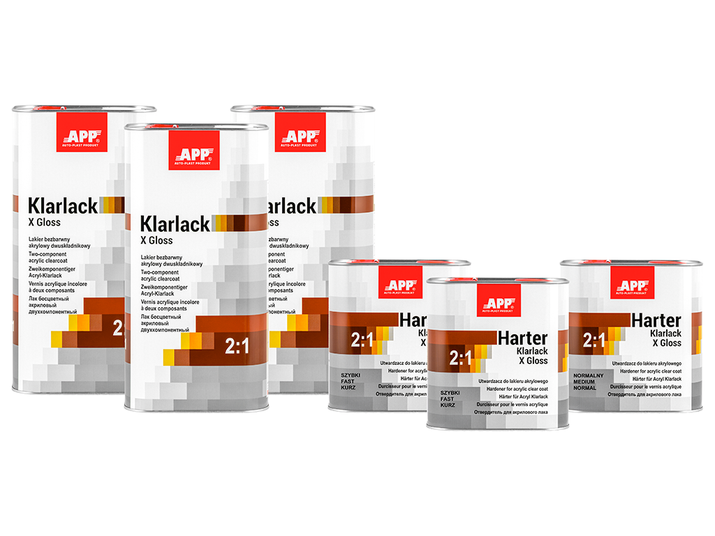 APP Klarlack X Gloss 2:1+ Harter - Zestaw promocyjny - Lakier bezbarwny akrylowy dwuskładnikowy + utwardzacz | 3x5L lak+2x2,5L utw.szyb+1x2,5L utw.norm | 22,5L