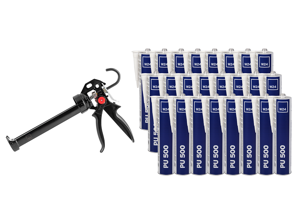 W24 Zestaw -  W24 PU 500 (biały) + W24 Caulking Gun - Masa poliuretanowa W24 PU 500 kolor biały (24 szt.) i wyciskacz W24 Caulking Gun (1 szt.) | kartusz zamknięty | biały | 310ml