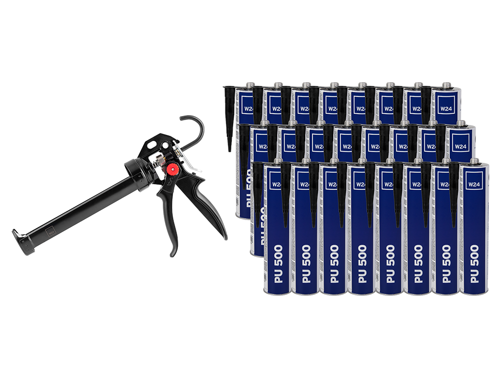 W24 Zestaw - W24 PU 500 (czarny) + W24 Caulking Gun - Masa poliuretanowa W24 PU 500 kolor czarny (24 szt.) i wyciskacz W24 Caulking Gun (1 szt.) | kartusz zamknięty | czarny | 310ml