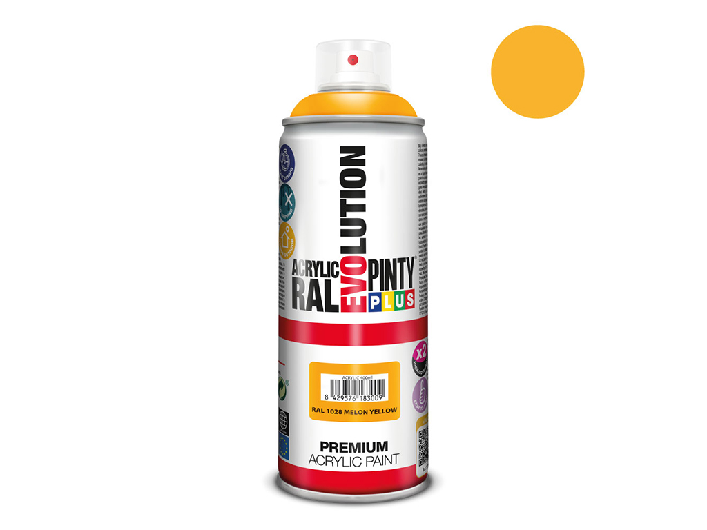 Lakier akrylowy w sprayu Pintyplus Evolution ACRYLIC | 400ml | RAL 1028 Melon Yellow