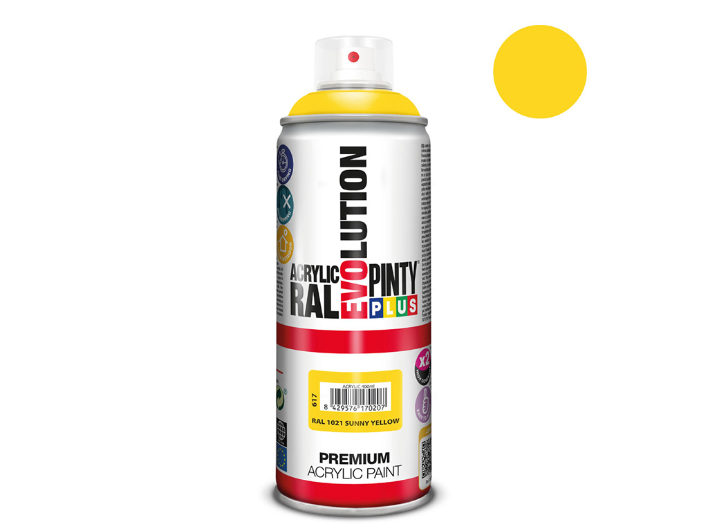 Lakier akrylowy w sprayu Pintyplus Evolution ACRYLIC | 400ml | RAL 1021 Sunny Yellow