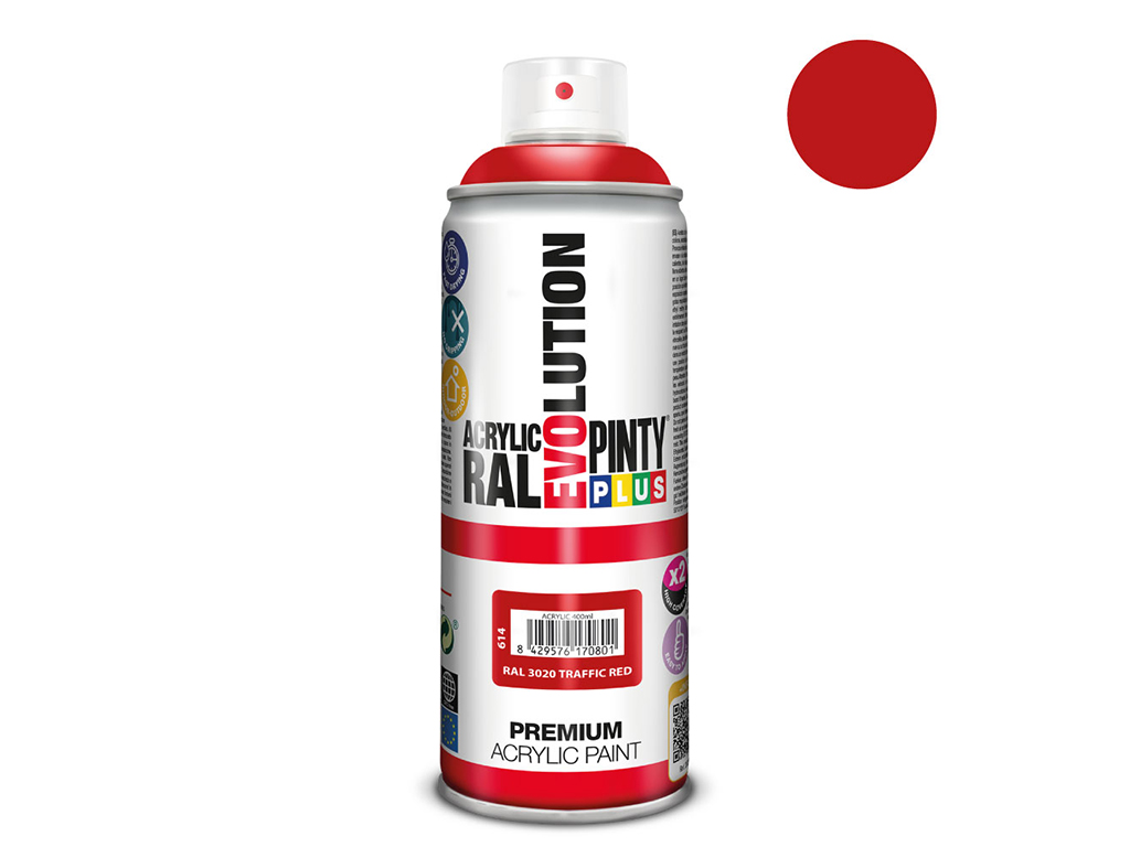 Lakier akrylowy w sprayu Pintyplus Evolution ACRYLIC | 400ml | RAL 3020 Traffic Red