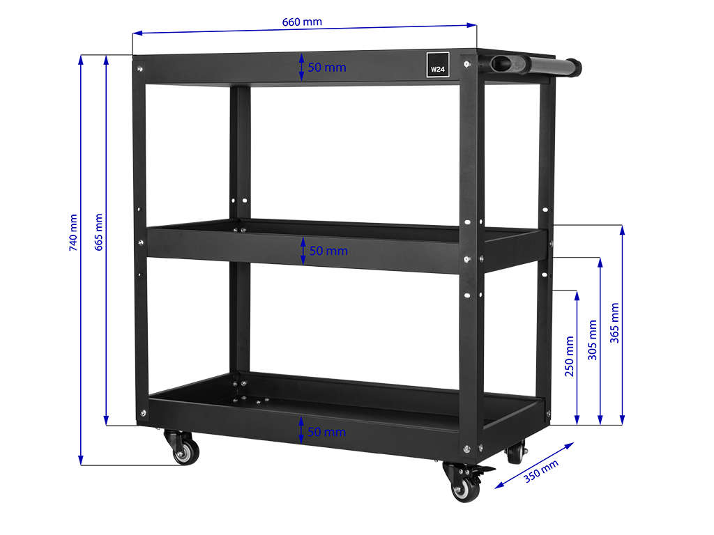 Mobilny wózek warsztatowy na narzędzia z trzema półkami W24 TWR | 660x350x740 mm | do 100 kg | czarny