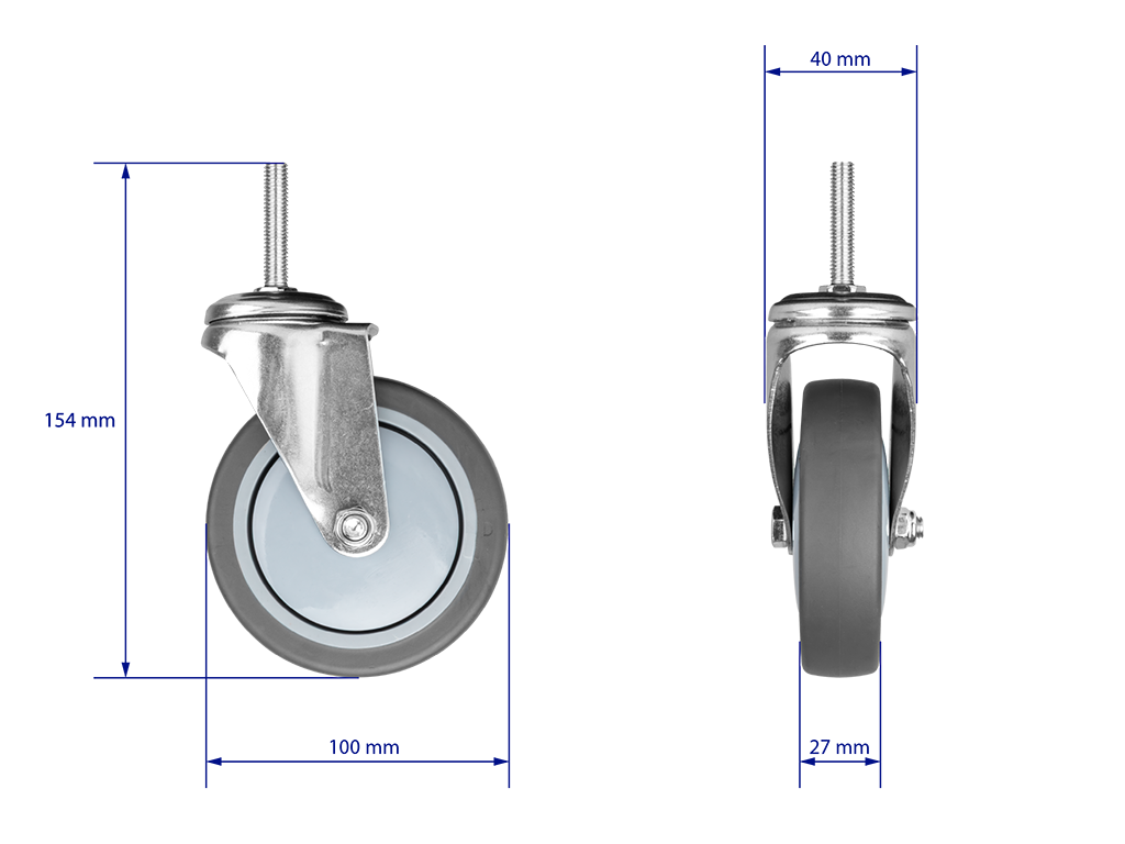 W24 Caster 100 - W24 Caster 100 - Koło transportowe obrotowe, stalowe | bez hamulca | gumowane | M8x40 | d100x27mm